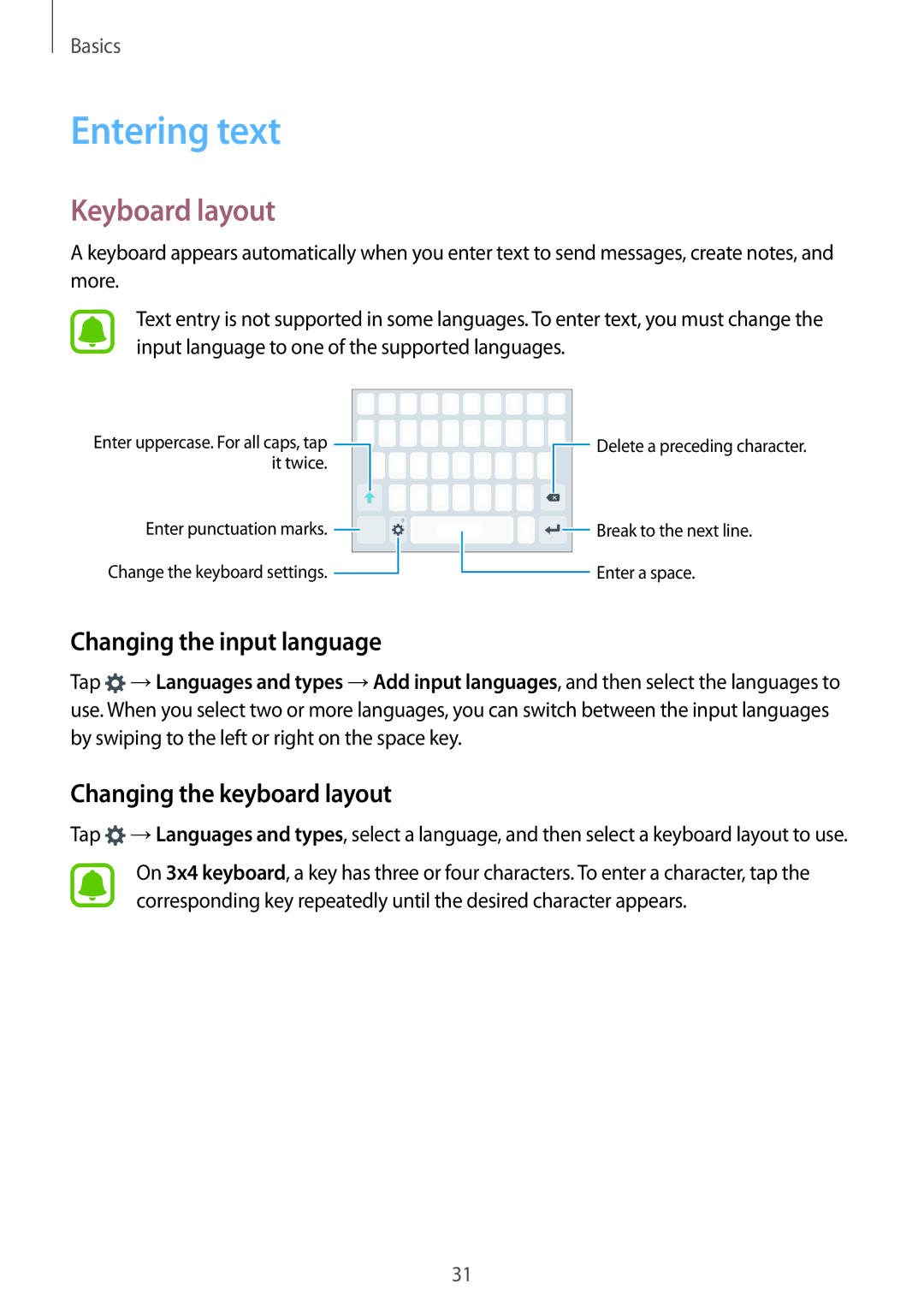 Samsung SM-G532GZDDXXV manual Entering text, Keyboard layout, Changing the input language, Changing the keyboard layout 