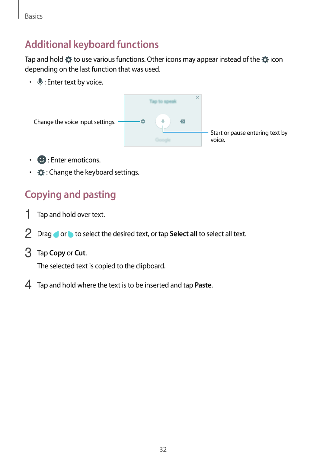 Samsung SM-G532GZIDXXV, SM-G532FZIDKSA, SM-G532FZDDKSA, SM-G532FZSDKSA Additional keyboard functions, Copying and pasting 