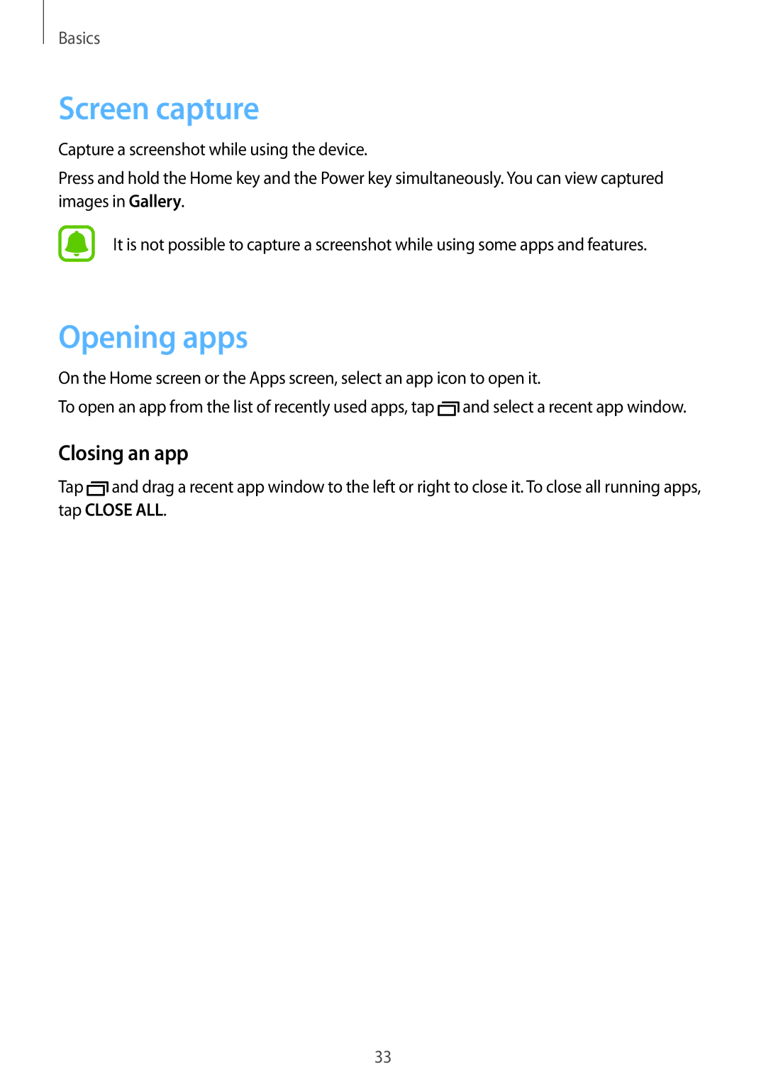 Samsung SM-G532FZKAILO, SM-G532FZIDKSA, SM-G532FZDDKSA, SM-G532FZSDKSA manual Screen capture, Opening apps, Closing an app 