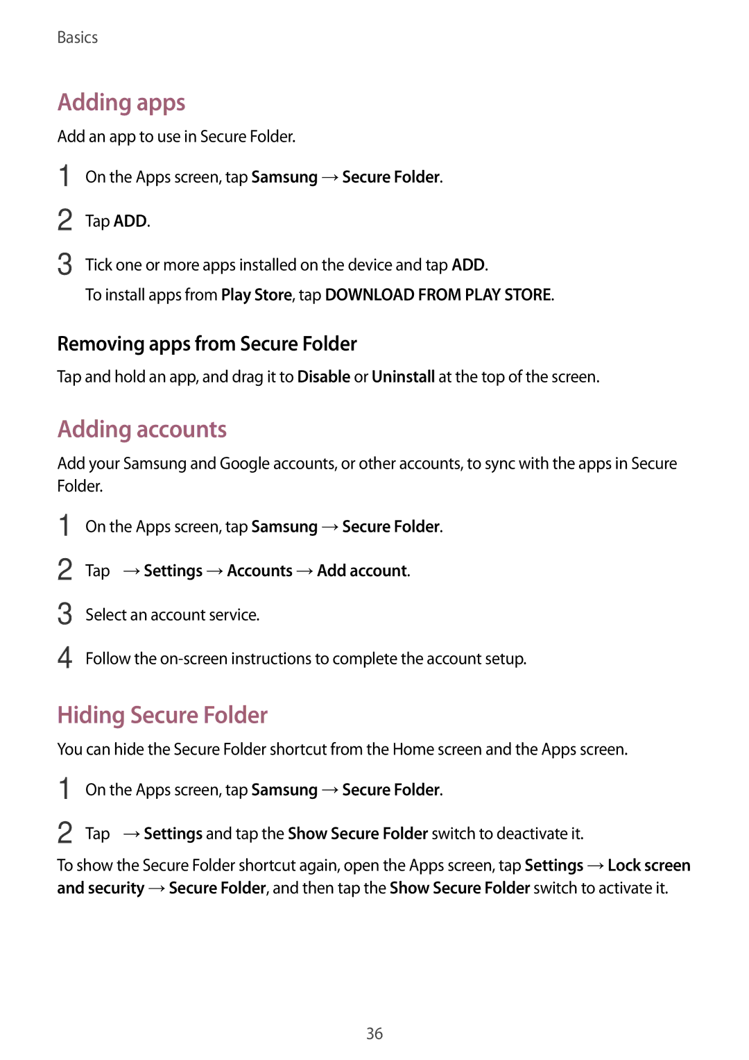 Samsung SM-G532FZIDKSA manual Adding apps, Adding accounts, Hiding Secure Folder, Removing apps from Secure Folder 