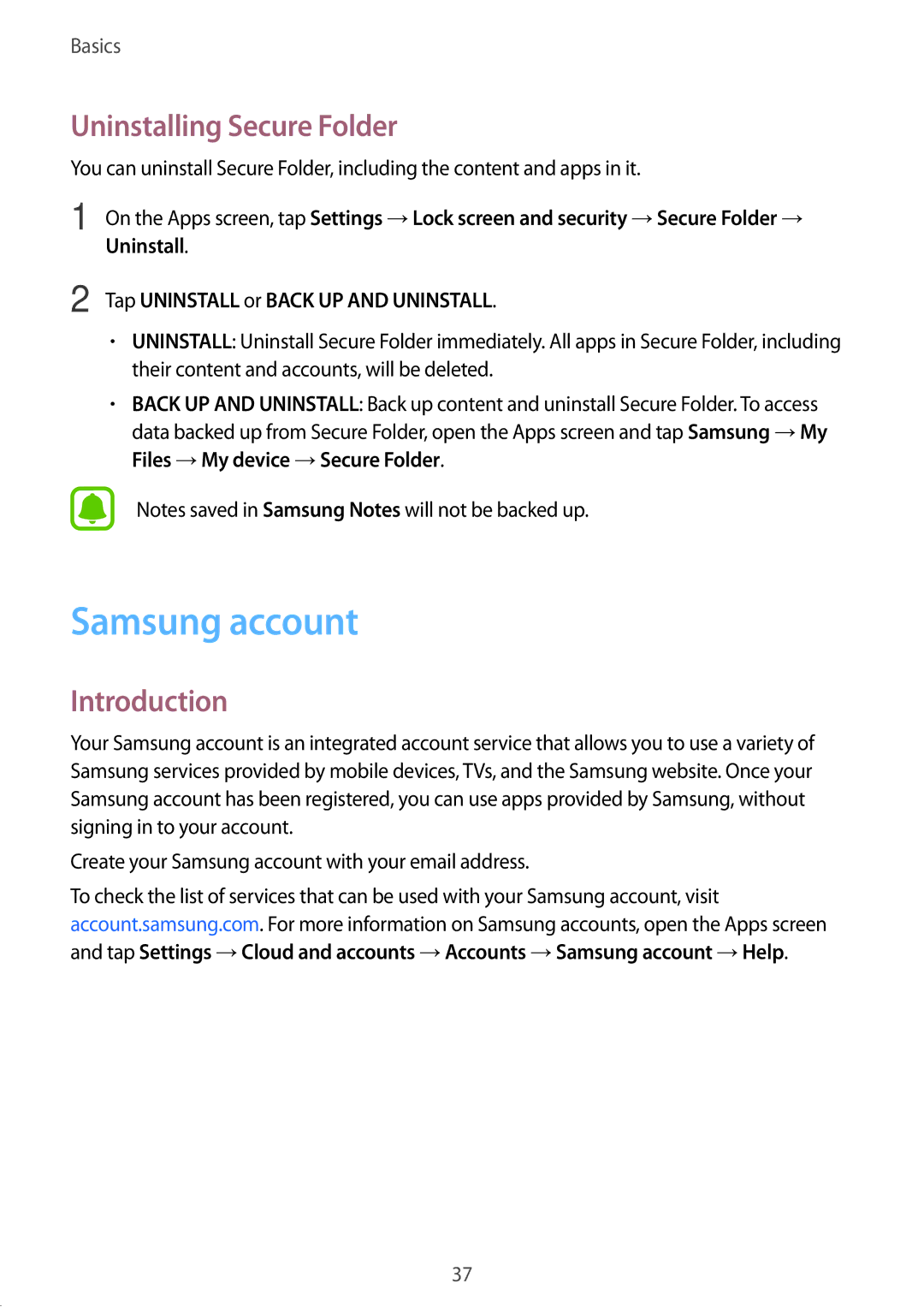 Samsung SM-G532FZDDKSA, SM-G532FZIDKSA Samsung account, Uninstalling Secure Folder, Tap Uninstall or Back UP and Uninstall 