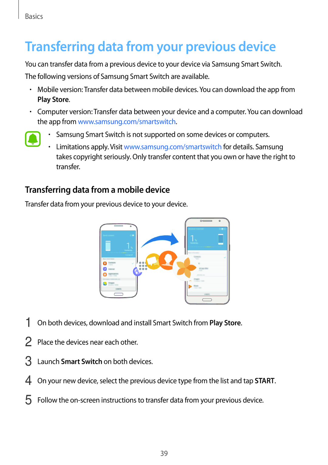 Samsung SM-G532FZKDKSA, SM-G532FZIDKSA Transferring data from your previous device, Transferring data from a mobile device 