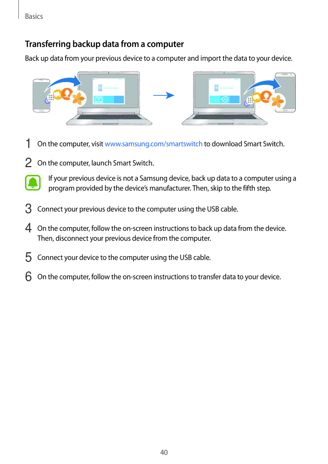 Samsung SM-G532GZDDXXV, SM-G532FZIDKSA manual Transferring backup data from a computer, On the computer, launch Smart Switch 