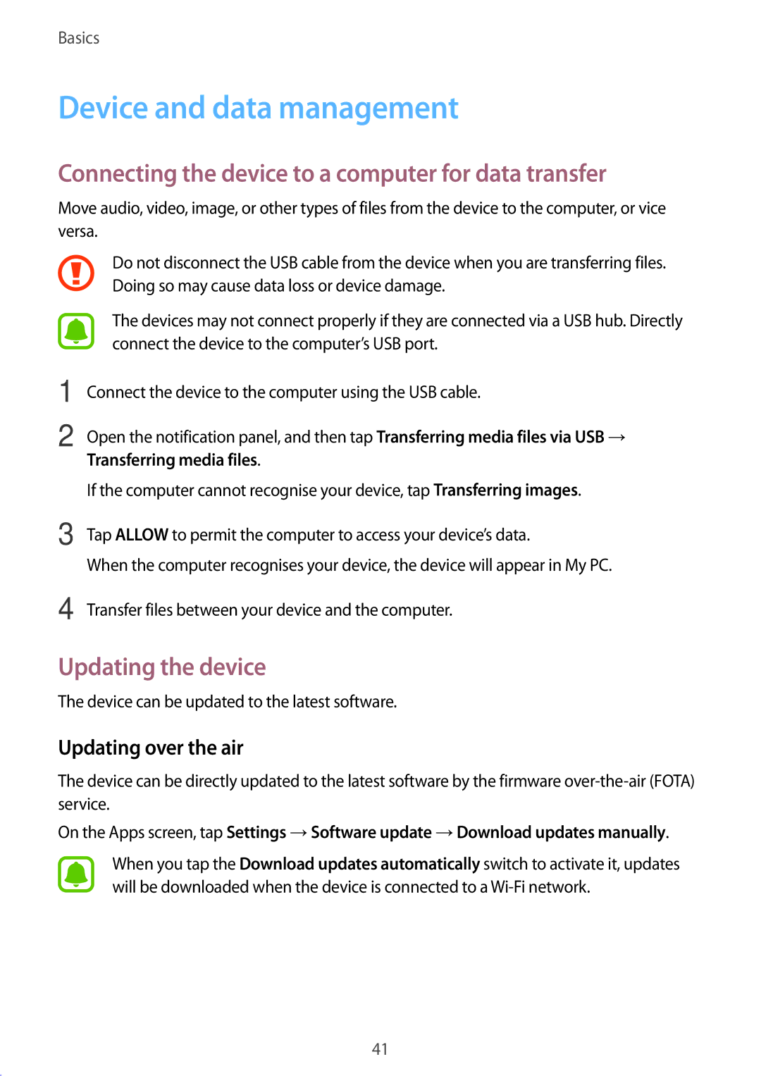 Samsung SM-G532GZIDXXV, SM-G532FZIDKSA Device and data management, Connecting the device to a computer for data transfer 