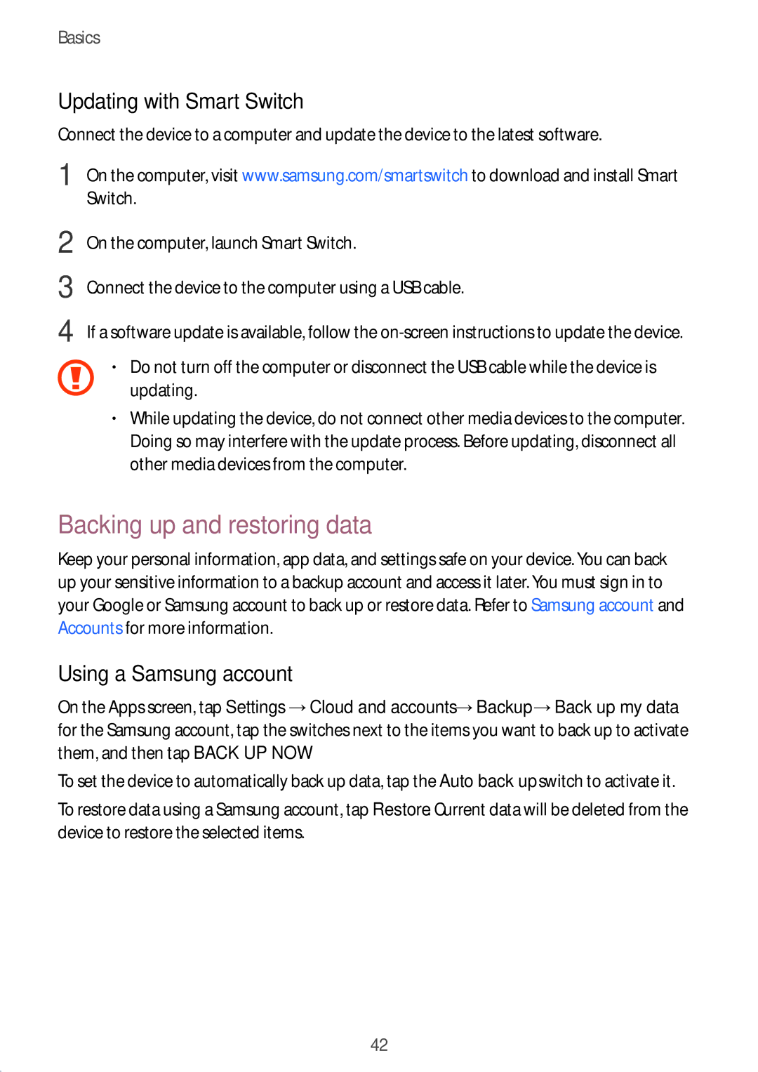 Samsung SM-G532FZKAILO, SM-G532FZIDKSA Backing up and restoring data, Updating with Smart Switch, Using a Samsung account 