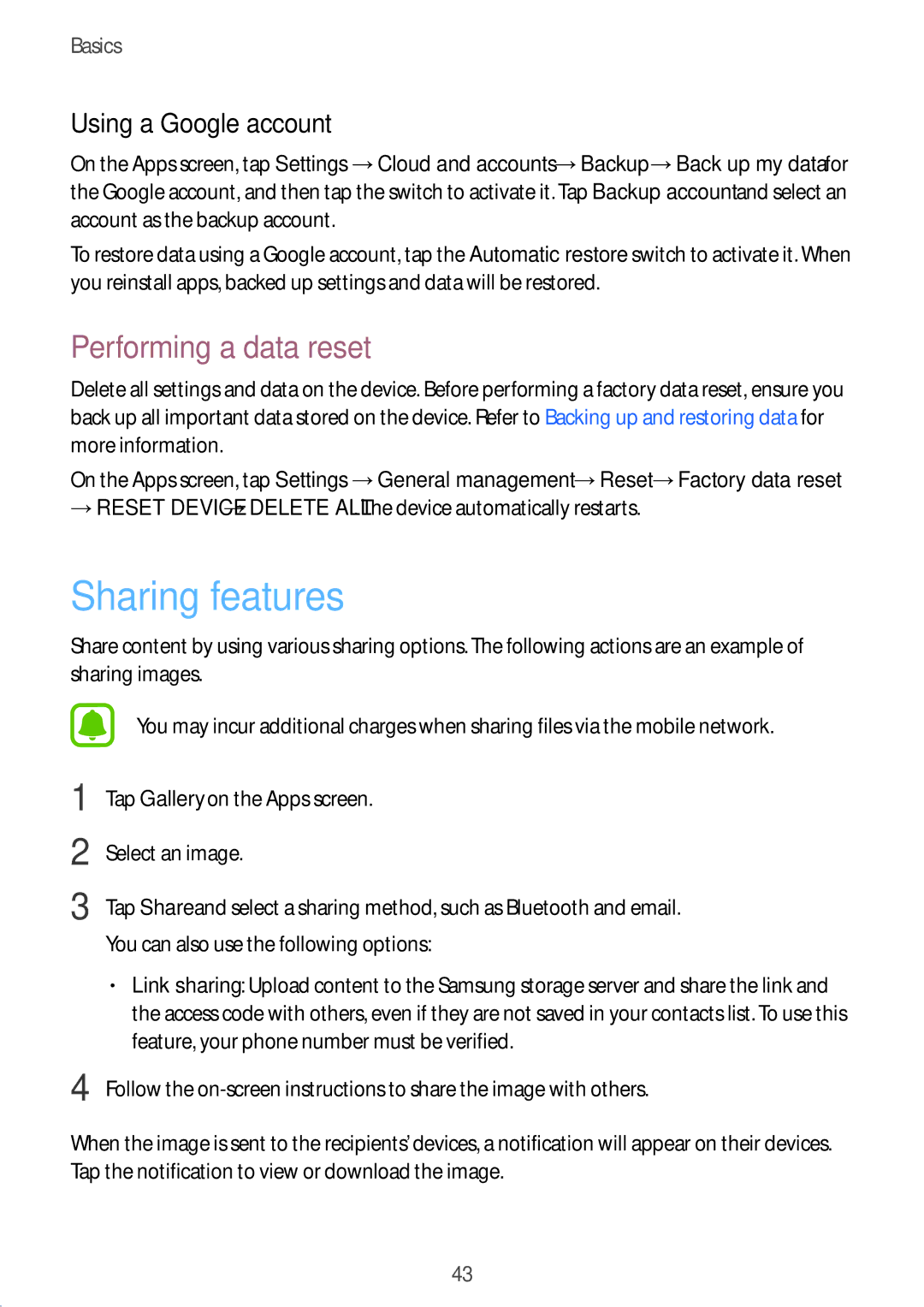 Samsung SM-G532FZKDSER, SM-G532FZIDKSA, SM-G532FZDDKSA Sharing features, Performing a data reset, Using a Google account 