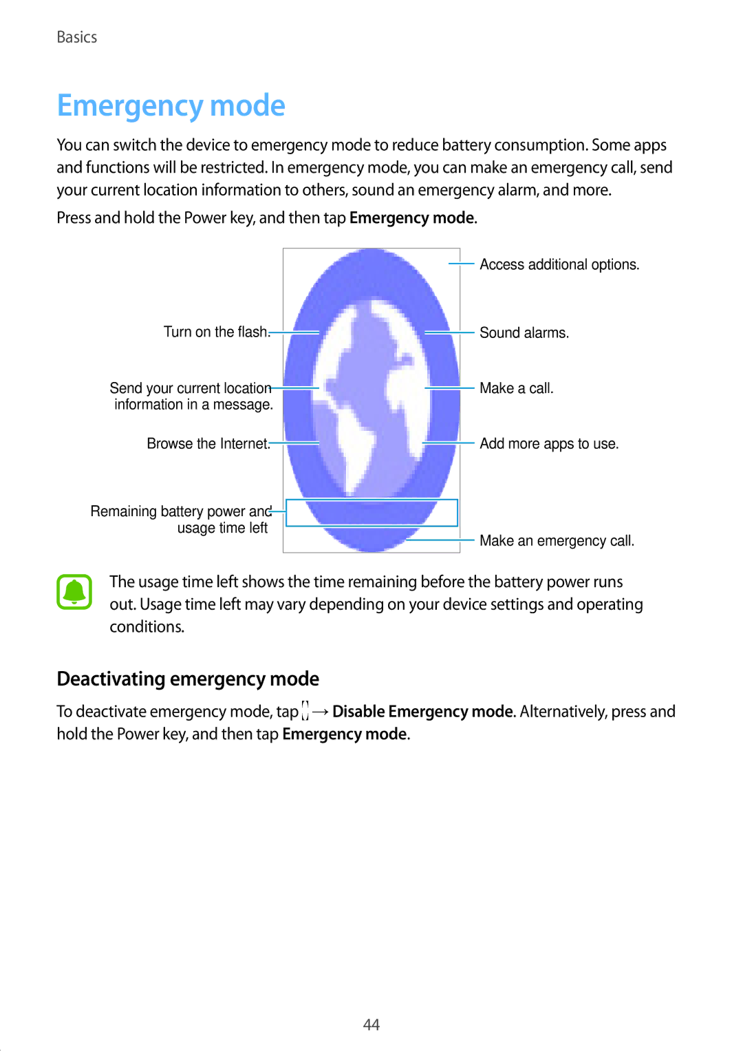 Samsung SM-G532FZDDSER, SM-G532FZIDKSA, SM-G532FZDDKSA, SM-G532FZSDKSA manual Emergency mode, Deactivating emergency mode 