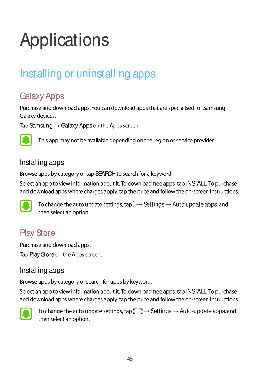 Samsung SM-G532FZIDKSA, SM-G532FZDDKSA manual Installing or uninstalling apps, Galaxy Apps, Play Store, Installing apps 