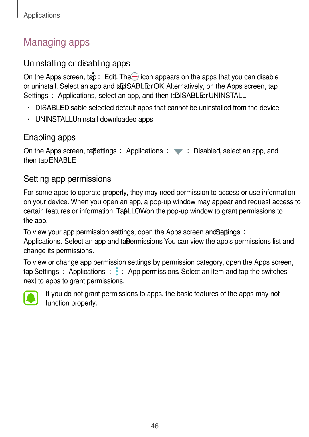 Samsung SM-G532FZDDKSA manual Managing apps, Uninstalling or disabling apps, Enabling apps, Setting app permissions 