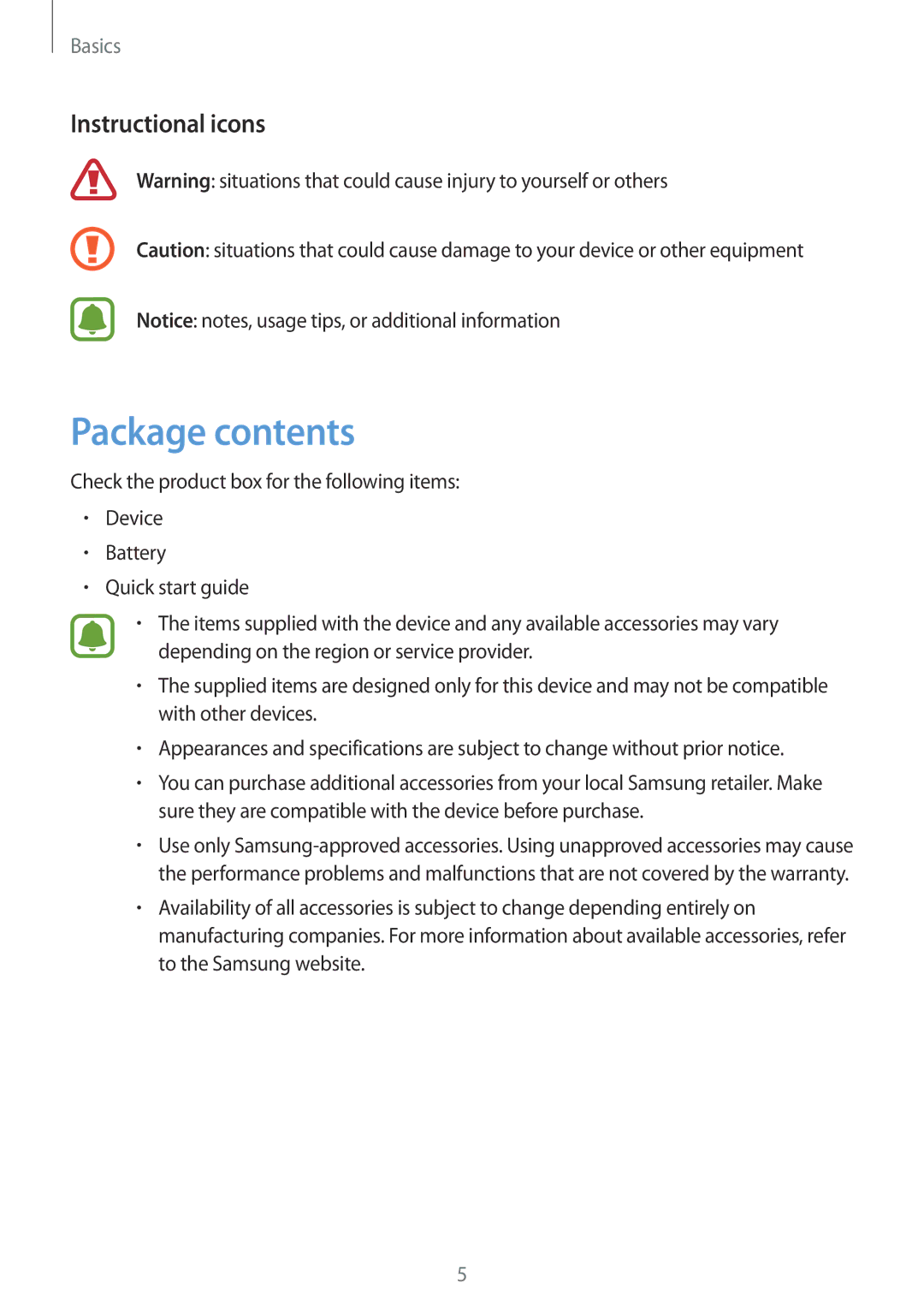 Samsung SM-G532GZIDXXV, SM-G532FZIDKSA, SM-G532FZDDKSA, SM-G532FZSDKSA, SM-G532FZKDKSA, SM-G532GZDDXXV manual Package contents 