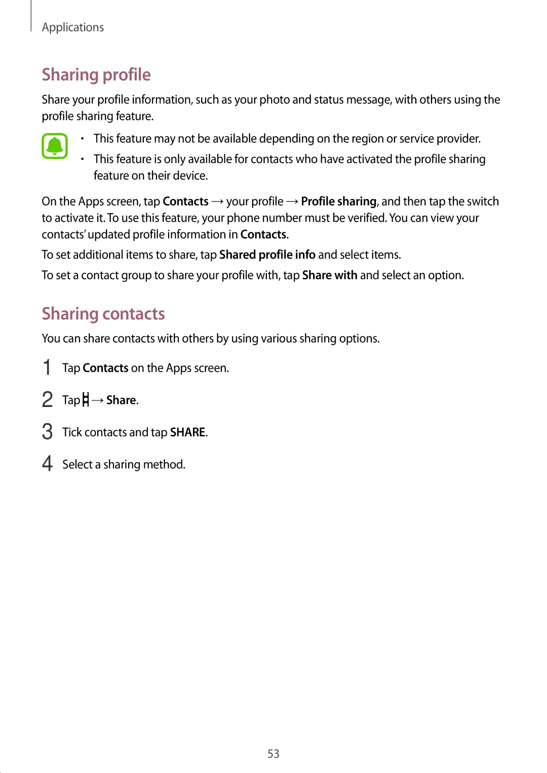 Samsung SM-G532FZDDSER, SM-G532FZIDKSA, SM-G532FZDDKSA, SM-G532FZSDKSA, SM-G532FZKDKSA manual Sharing profile, Sharing contacts 