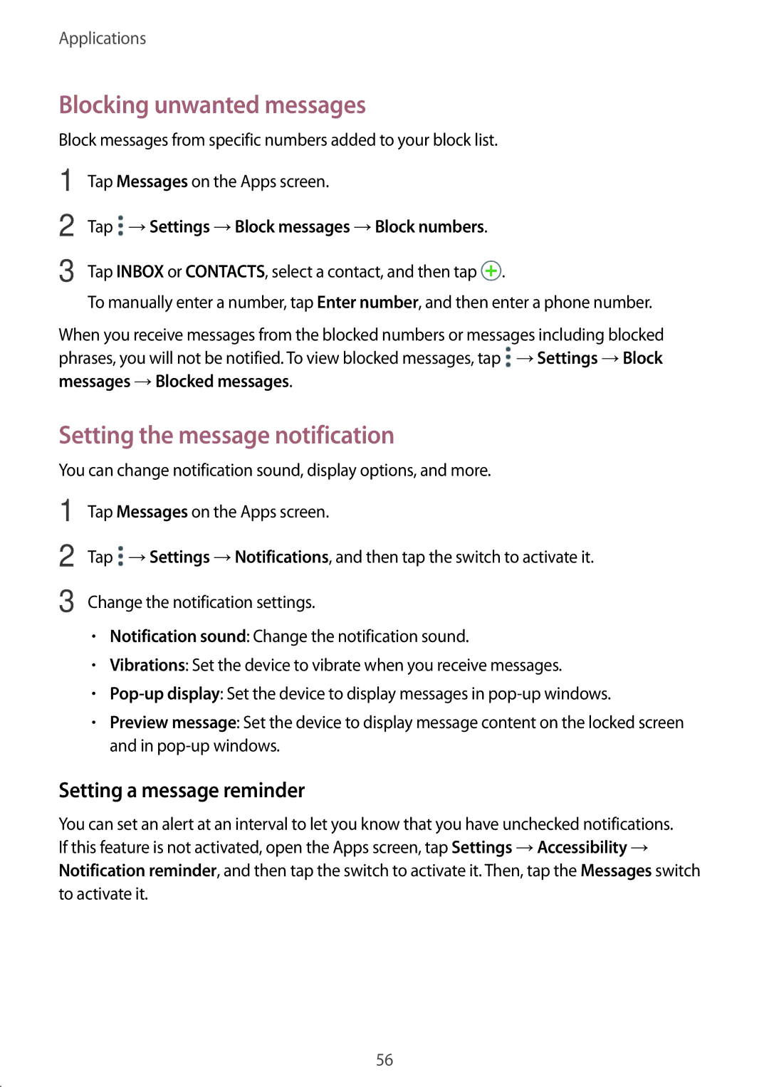 Samsung SM-G532FZSDKSA manual Blocking unwanted messages, Setting the message notification, Setting a message reminder 