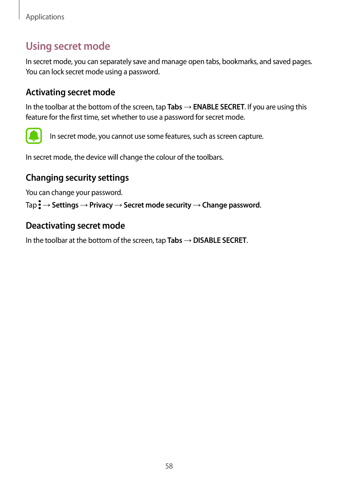 Samsung SM-G532GZDDXXV Using secret mode, Activating secret mode, Changing security settings, Deactivating secret mode 