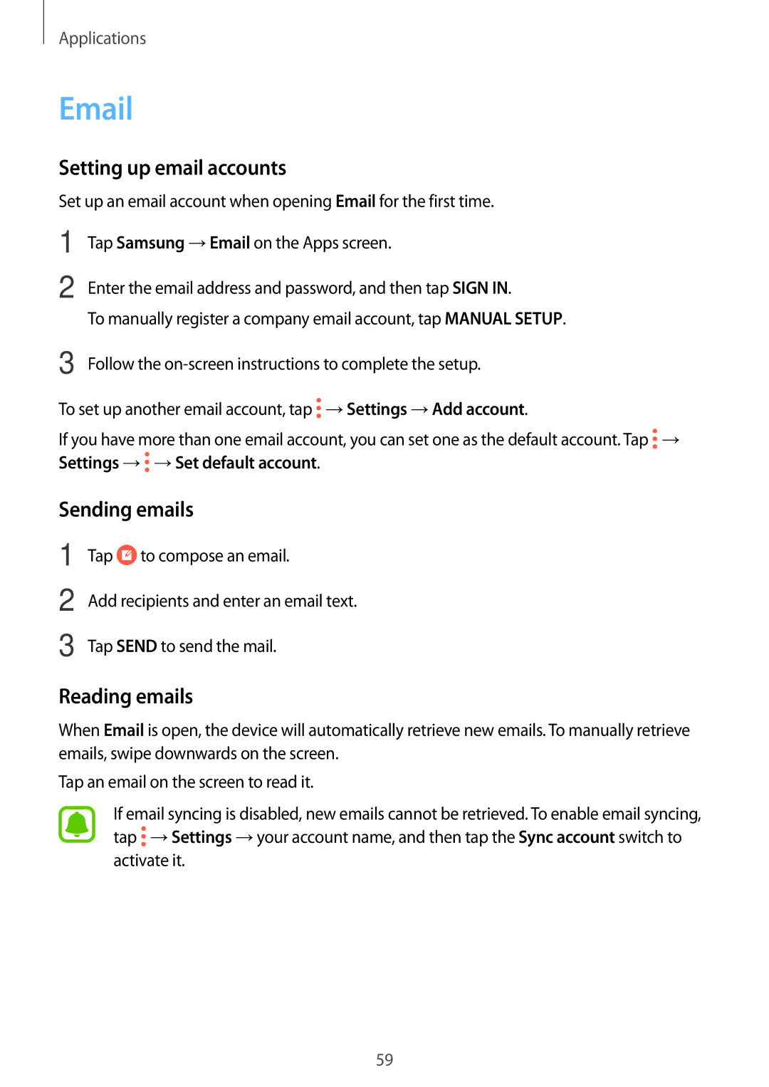 Samsung SM-G532GZIDXXV, SM-G532FZIDKSA, SM-G532FZDDKSA manual Setting up email accounts, Sending emails, Reading emails 