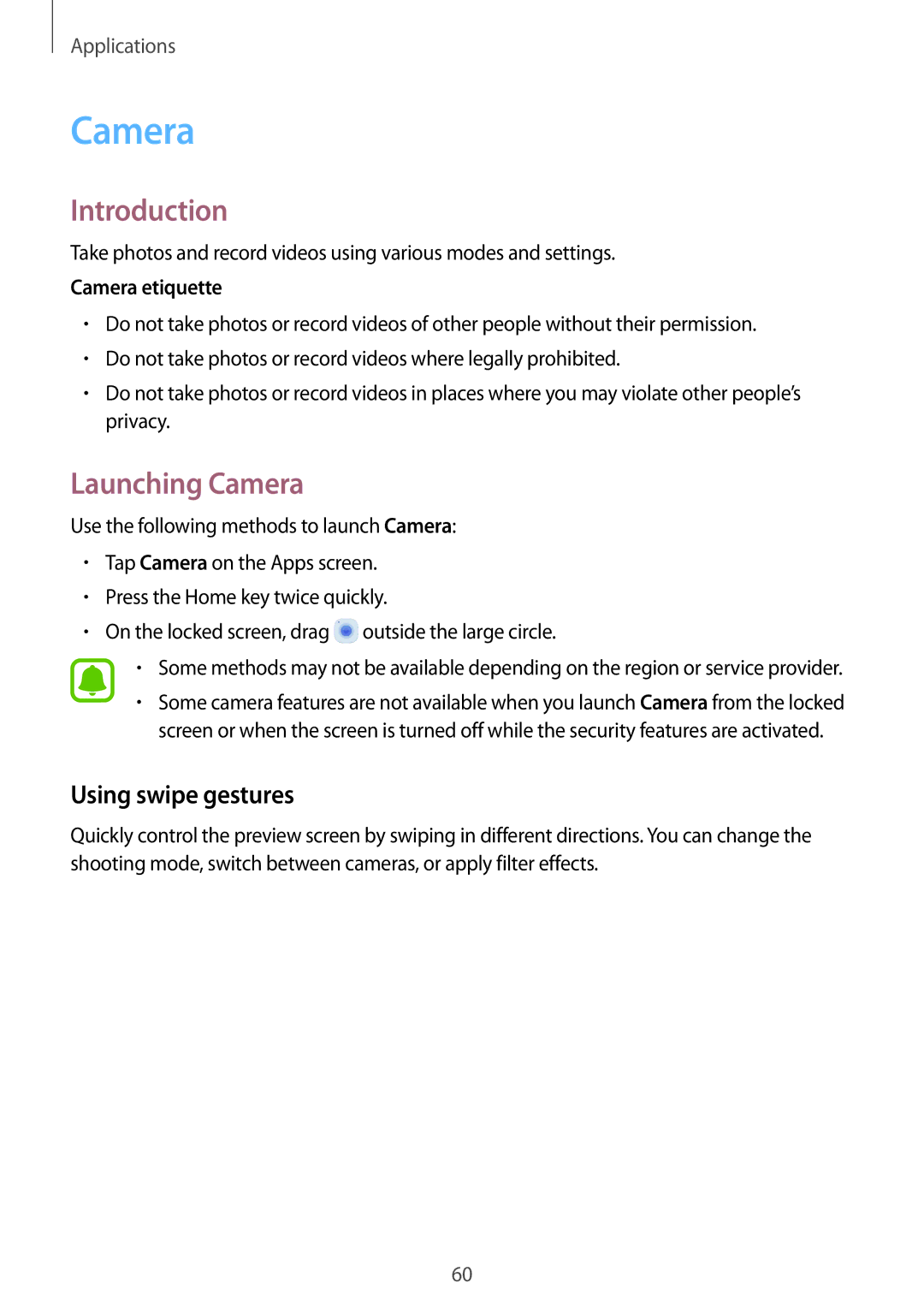 Samsung SM-G532FZKAILO, SM-G532FZIDKSA, SM-G532FZDDKSA manual Launching Camera, Using swipe gestures, Camera etiquette 