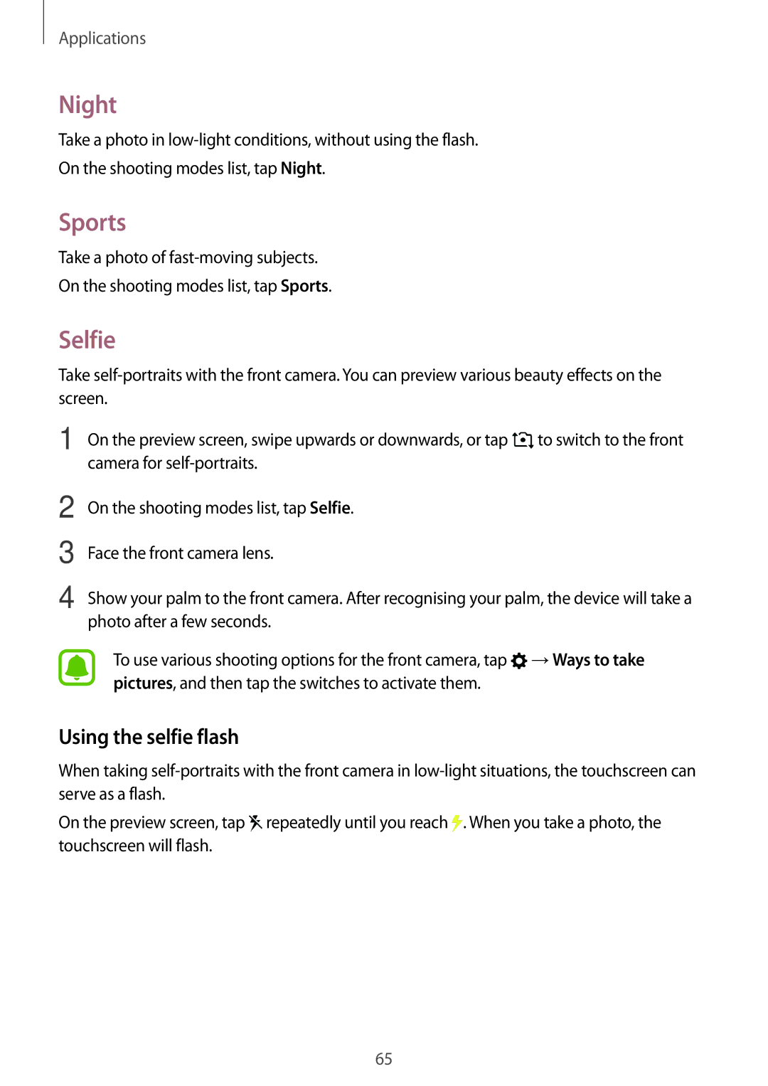 Samsung SM-G532FZSDKSA, SM-G532FZIDKSA, SM-G532FZDDKSA, SM-G532FZKDKSA manual Night, Sports, Selfie, Using the selfie flash 