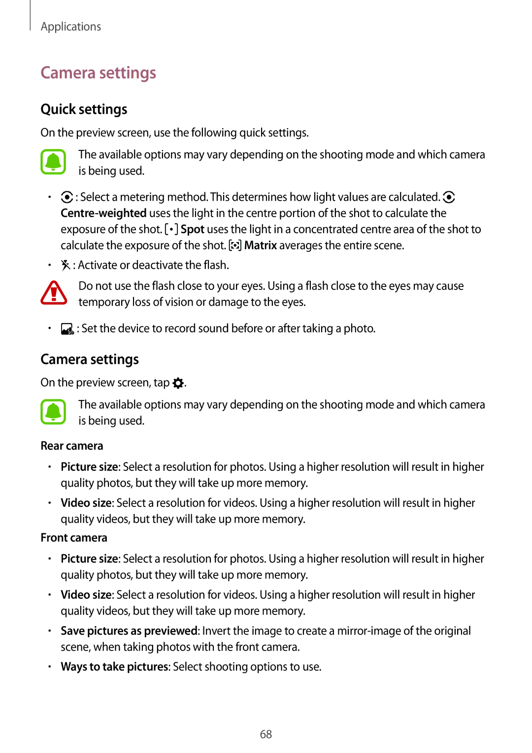 Samsung SM-G532GZIDXXV, SM-G532FZIDKSA, SM-G532FZDDKSA manual Camera settings, Quick settings, Rear camera, Front camera 