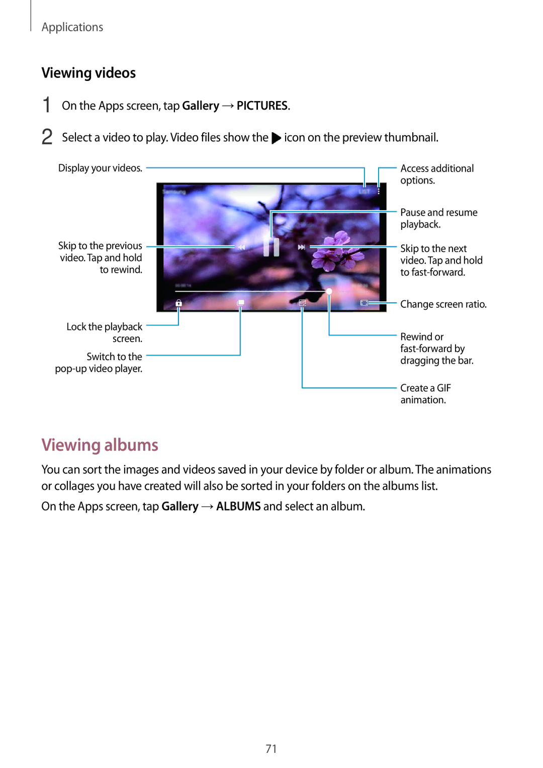 Samsung SM-G532FZDDSER, SM-G532FZIDKSA, SM-G532FZDDKSA, SM-G532FZSDKSA, SM-G532FZKDKSA manual Viewing albums, Viewing videos 