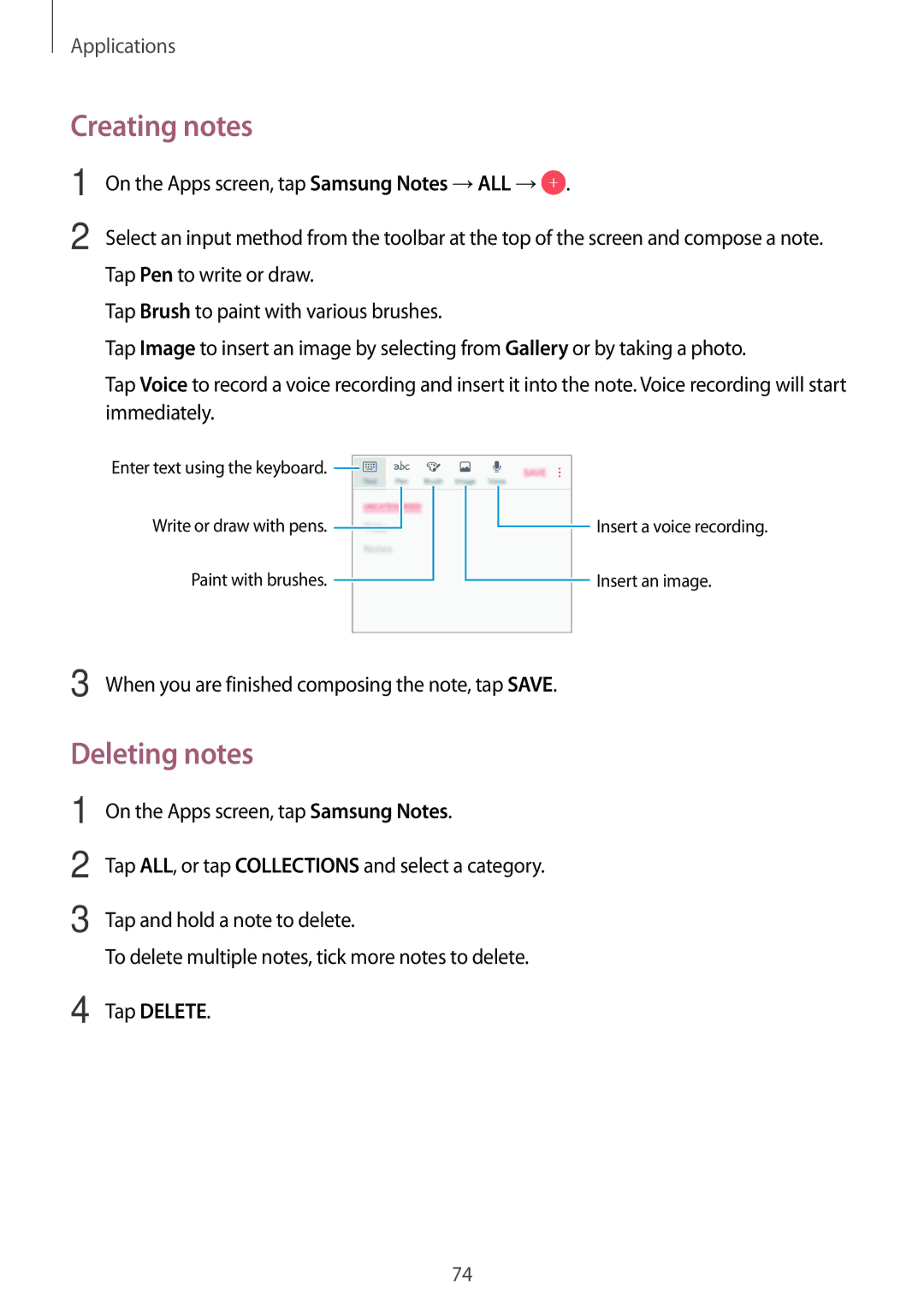 Samsung SM-G532FZSDKSA, SM-G532FZIDKSA, SM-G532FZDDKSA, SM-G532FZKDKSA, SM-G532GZDDXXV manual Creating notes, Deleting notes 