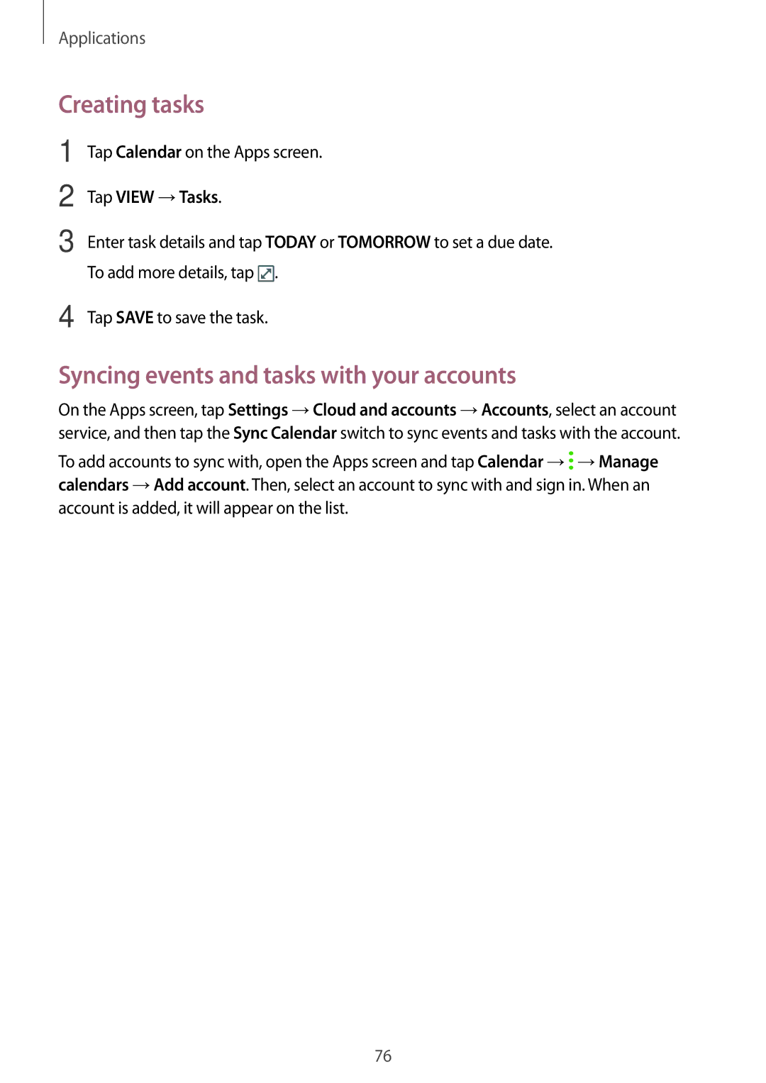 Samsung SM-G532GZDDXXV, SM-G532FZIDKSA manual Creating tasks, Syncing events and tasks with your accounts, Tap View →Tasks 