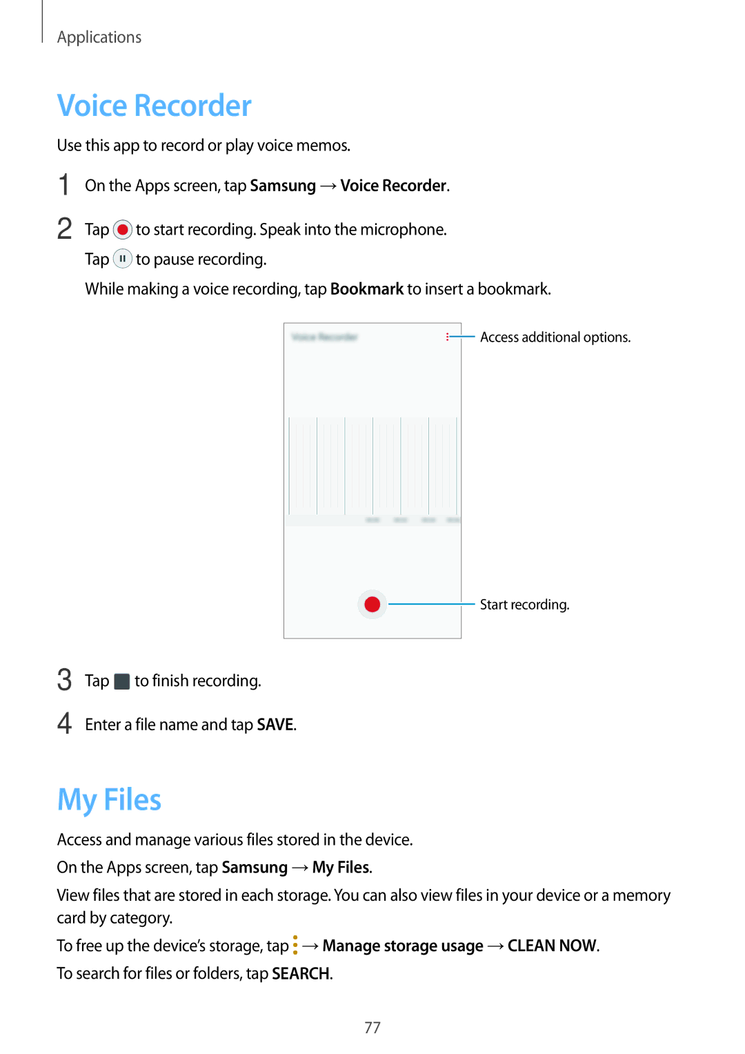 Samsung SM-G532GZIDXXV, SM-G532FZIDKSA, SM-G532FZDDKSA, SM-G532FZSDKSA, SM-G532FZKDKSA manual Voice Recorder, My Files 