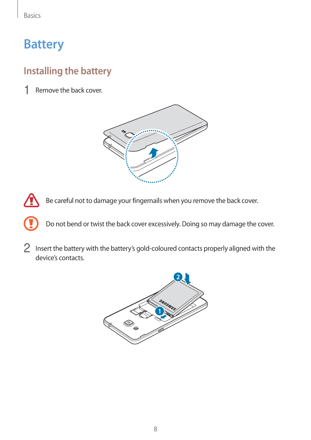 Samsung SM-G532FZDDSER, SM-G532FZIDKSA, SM-G532FZDDKSA, SM-G532FZSDKSA, SM-G532FZKDKSA manual Battery, Installing the battery 