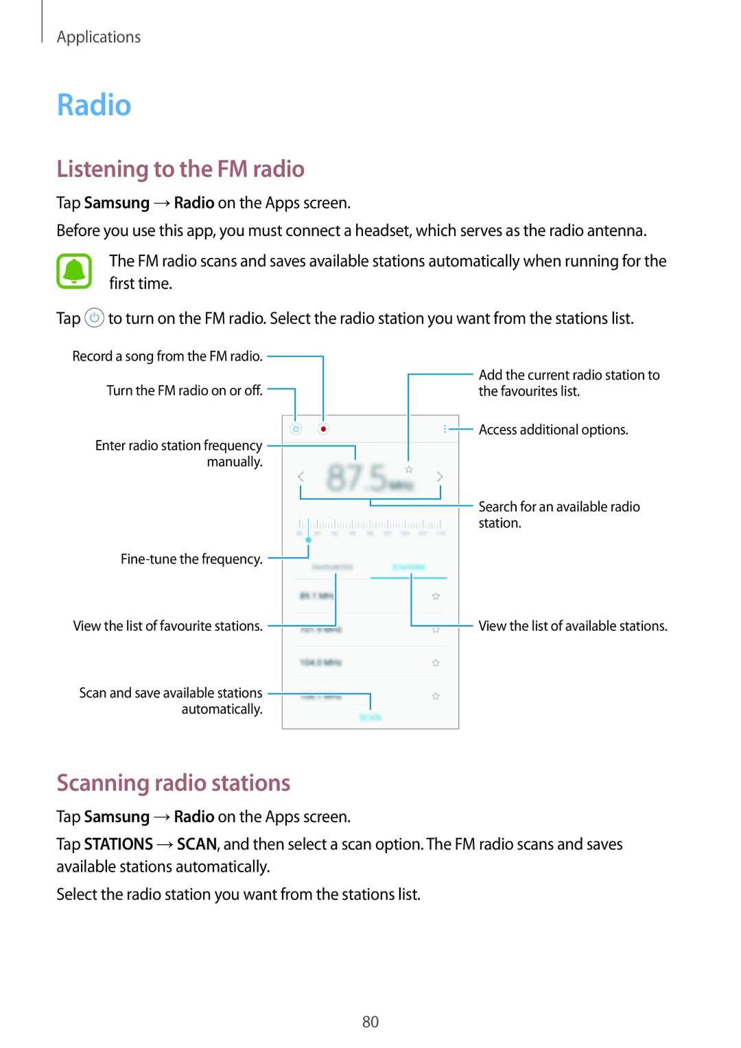 Samsung SM-G532FZDDSER, SM-G532FZIDKSA, SM-G532FZDDKSA manual Radio, Listening to the FM radio, Scanning radio stations 