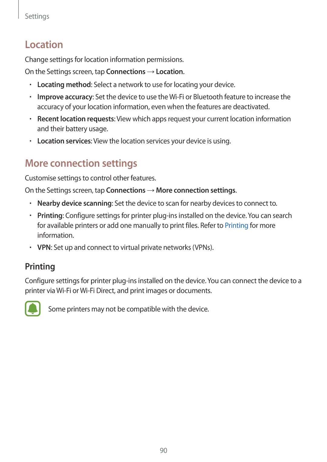 Samsung SM-G532FZIDKSA, SM-G532FZDDKSA, SM-G532FZSDKSA, SM-G532FZKDKSA manual Location, More connection settings, Printing 