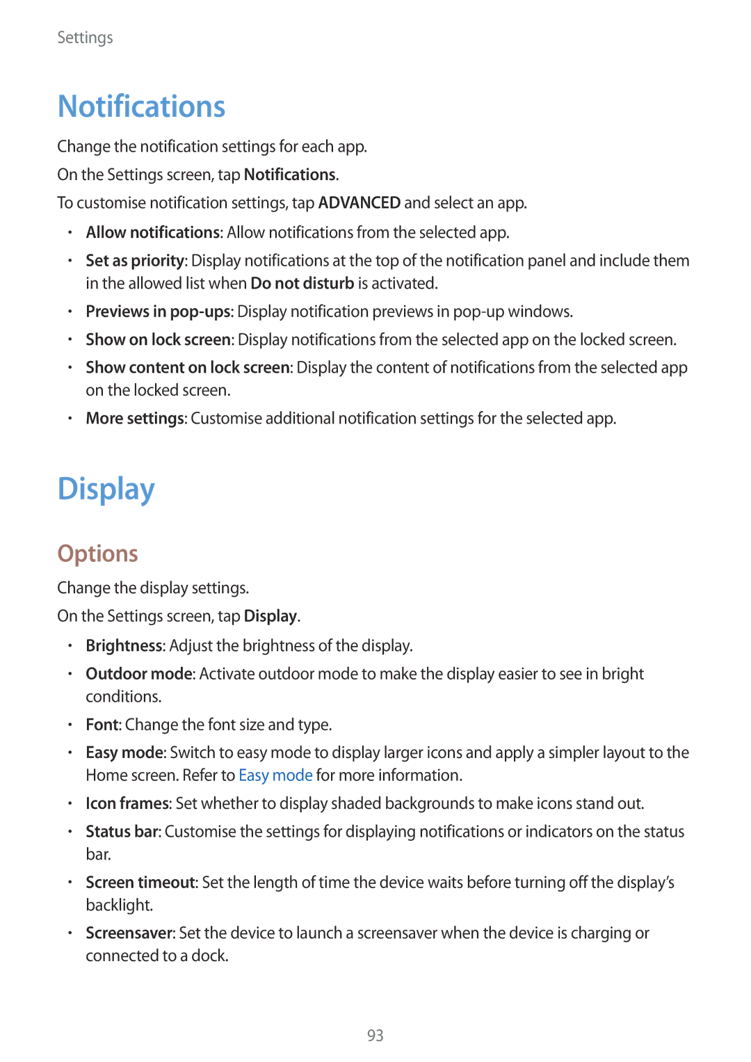 Samsung SM-G532FZKDKSA, SM-G532FZIDKSA, SM-G532FZDDKSA, SM-G532FZSDKSA, SM-G532GZDDXXV manual Notifications, Display, Options 