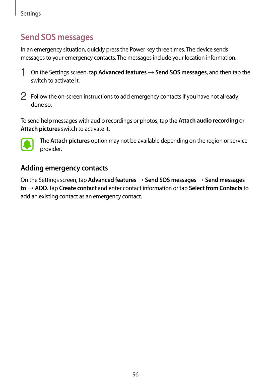 Samsung SM-G532FZKAILO, SM-G532FZIDKSA, SM-G532FZDDKSA, SM-G532FZSDKSA manual Send SOS messages, Adding emergency contacts 