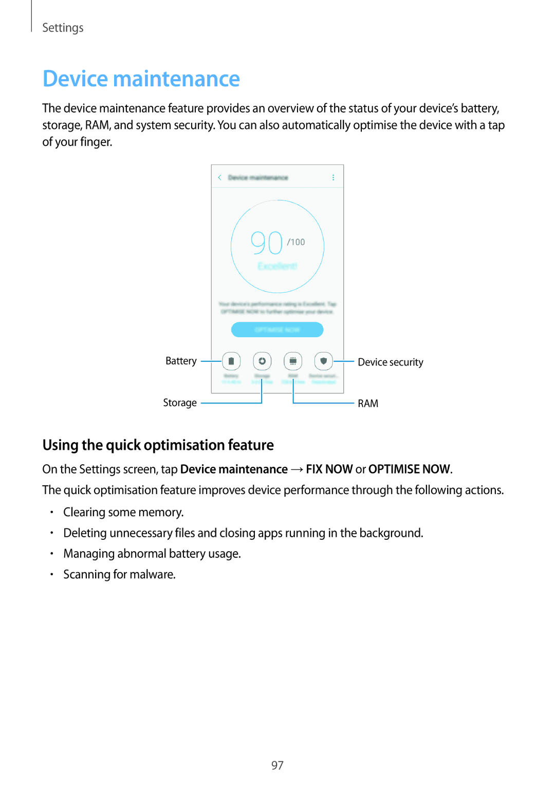 Samsung SM-G532FZKDSER, SM-G532FZIDKSA, SM-G532FZDDKSA manual Device maintenance, Using the quick optimisation feature 