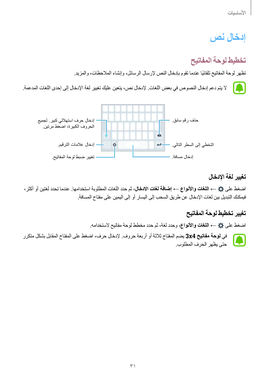 Samsung SM-G532FZKDKSA, SM-G532FZIDKSA, SM-G532FZDDKSA manual صن لاخدإ, لاخدلإا ةغل رييغت, حيتافملا ةحول طيطخت رييغت 