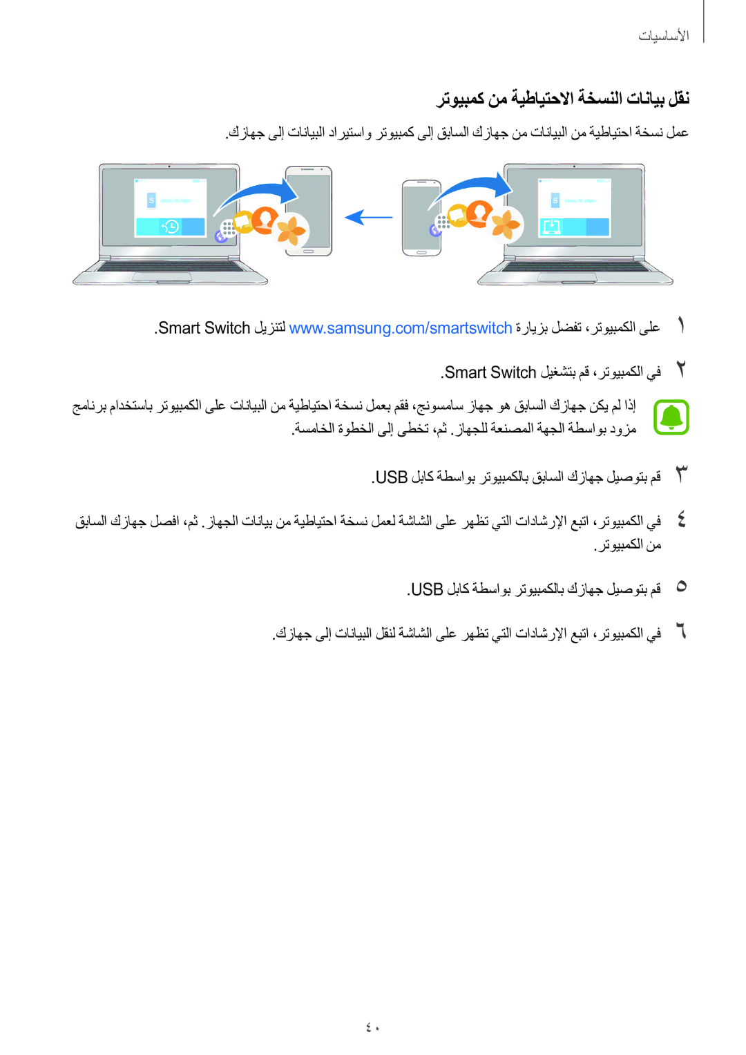 Samsung SM-G532FZIDKSA, SM-G532FZDDKSA, SM-G532FZSDKSA, SM-G532FZKDKSA manual رتويبمك نم ةيطايتحلاا ةخسنلا تانايب لقن 