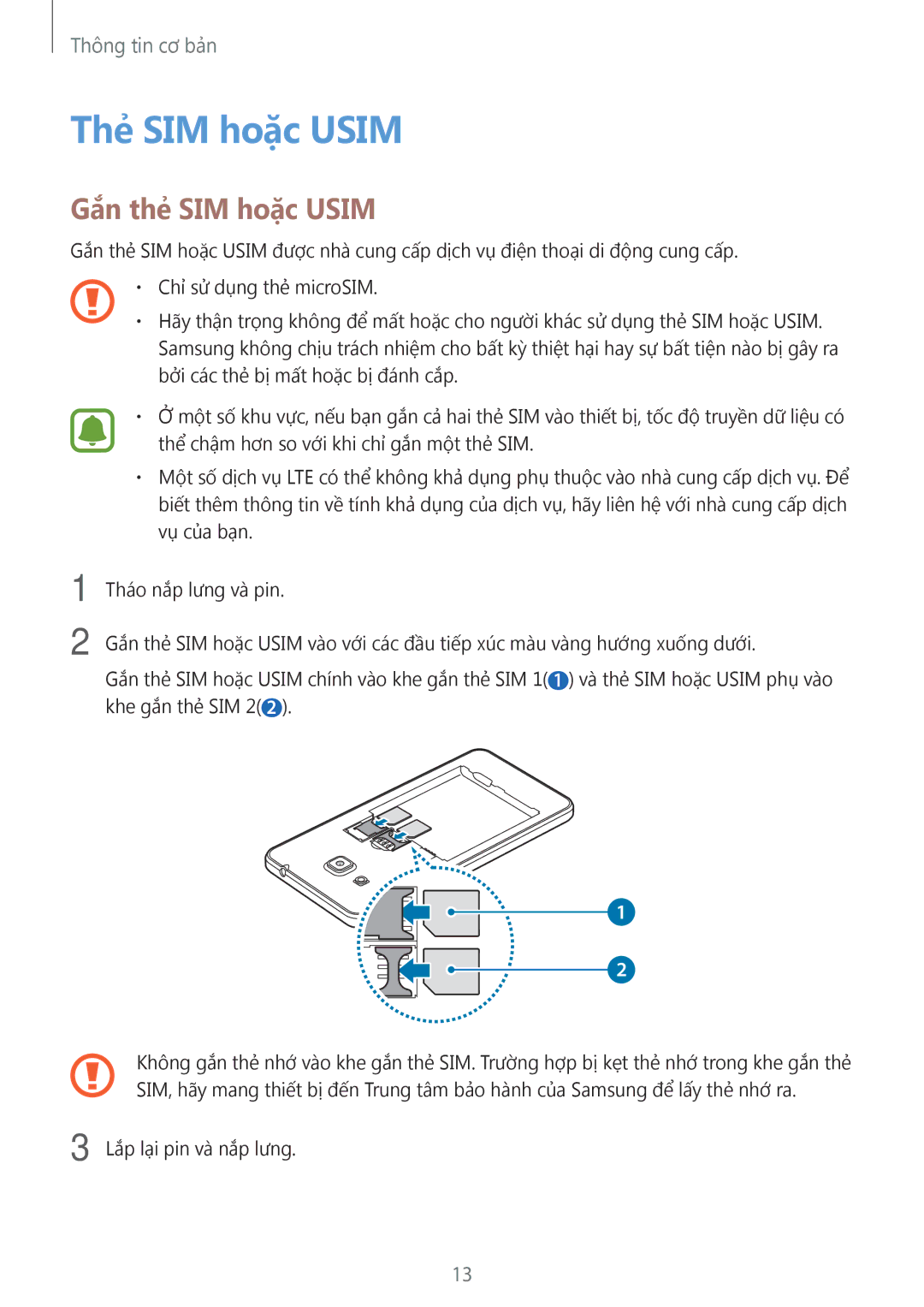 Samsung SM-G532GZIDXXV, SM-G532GZDDXXV manual Thẻ SIM hoặc Usim, Gắn thẻ SIM hoặc Usim 