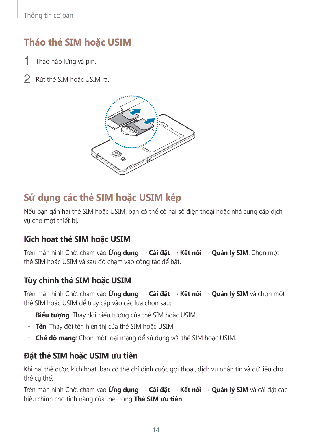 Samsung SM-G532GZDDXXV manual Tháo thẻ SIM hoặc Usim, Sử dụng các thẻ SIM hoặc Usim kép, Kích hoạt thẻ SIM hoặc Usim 