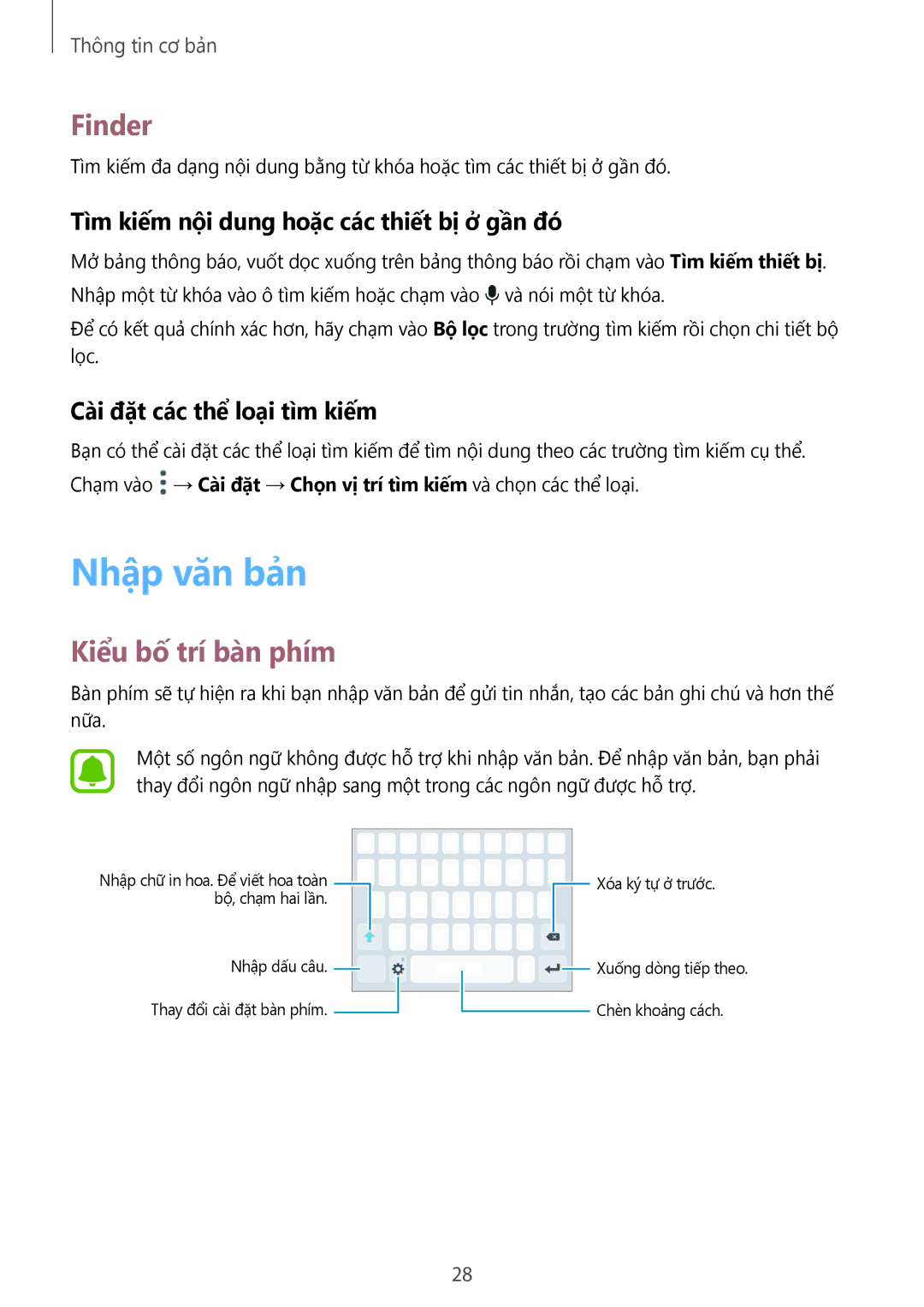 Samsung SM-G532GZDDXXV manual Nhập văn bản, Finder, Kiểu bố trí bàn phím, Tìm kiếm nội dung hoặc các thiết bị ở gần đó 