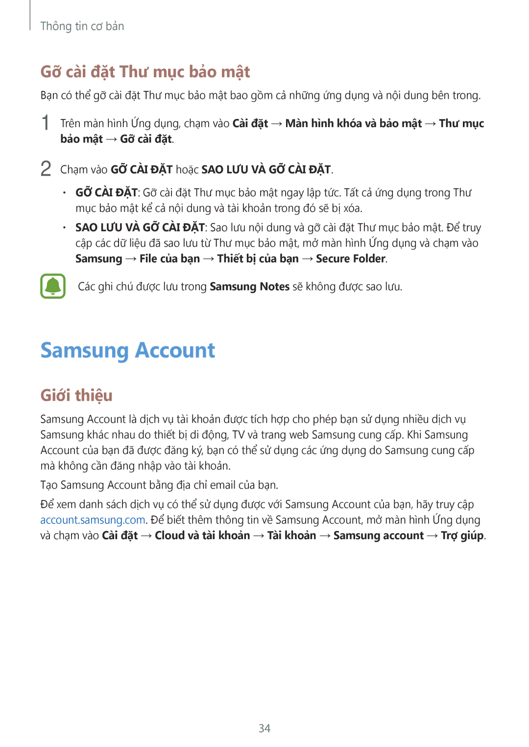 Samsung SM-G532GZDDXXV manual Samsung Account, Gỡ cài đặt Thư mục bảo mật, Chạm vào GỠ CÀI ĐẶT hoặc SAO LƯU VÀ GỠ CÀI ĐẶT 