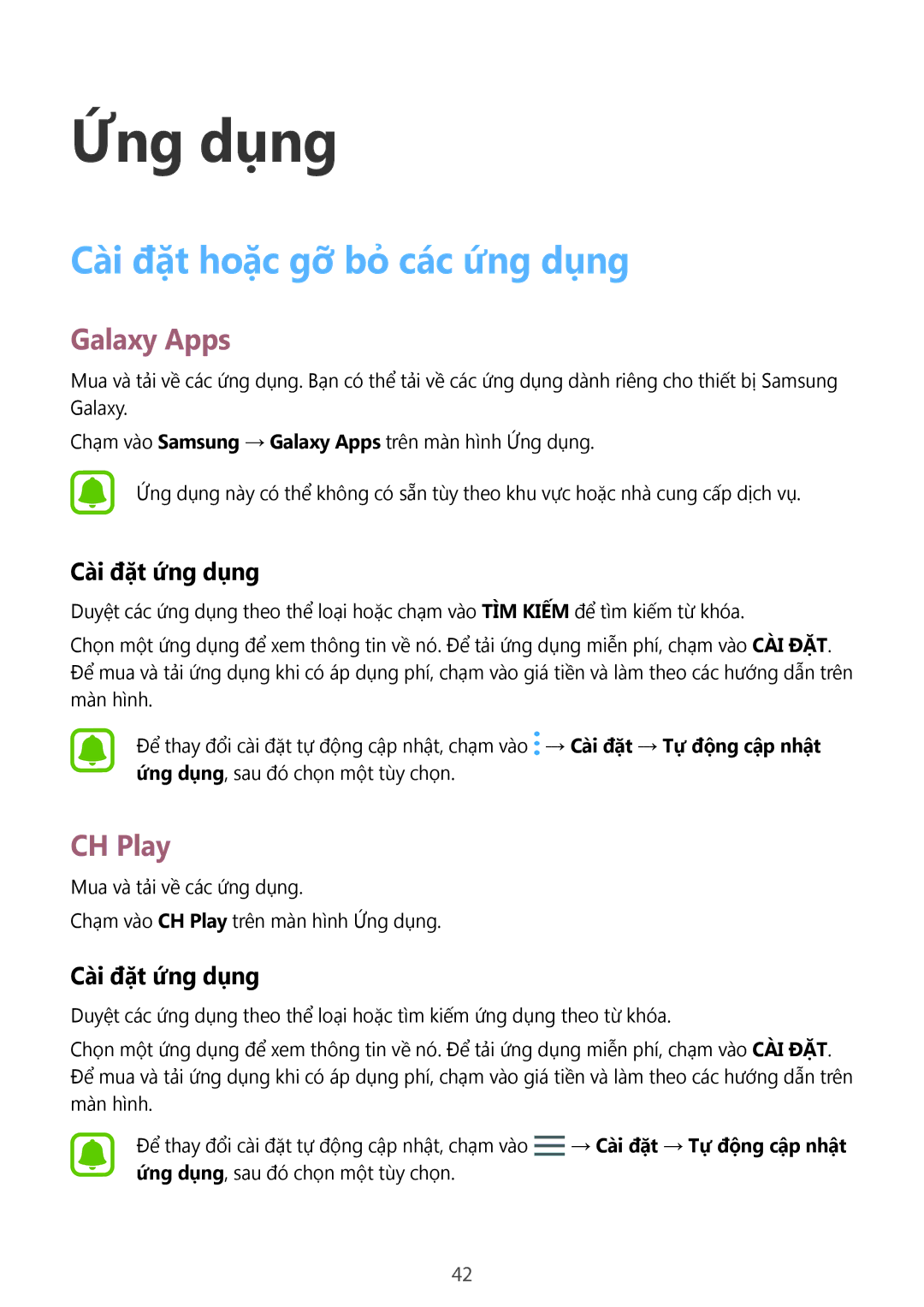 Samsung SM-G532GZDDXXV, SM-G532GZIDXXV manual Cài đặt hoặc gỡ bỏ các ứng dụng, Galaxy Apps, CH Play, Cài đặt ứng dụng 