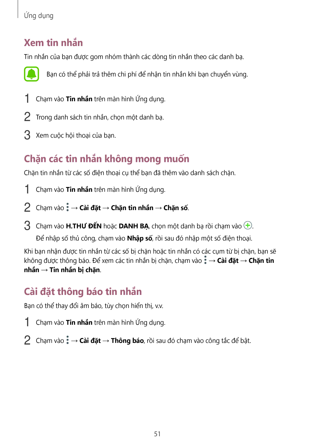 Samsung SM-G532GZIDXXV, SM-G532GZDDXXV manual Xem tin nhắn, Chặn các tin nhắn không mong muốn, Cài đặt thông báo tin nhắn 