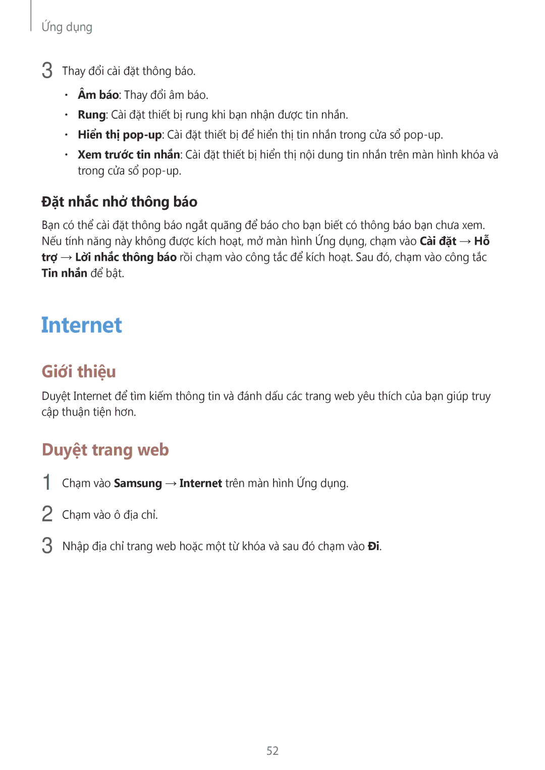 Samsung SM-G532GZDDXXV, SM-G532GZIDXXV manual Internet, Duyệt trang web, Đặt nhắc nhở thông báo 