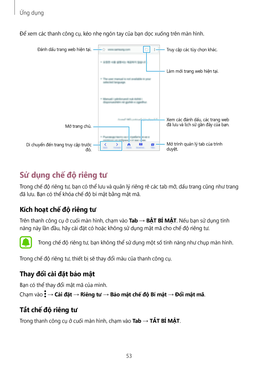 Samsung SM-G532GZIDXXV Sử dụng chế độ riêng tư, Kích hoạt chế độ riêng tư, Thay đổi cài đặt bảo mật, Tắt chế độ riêng tư 