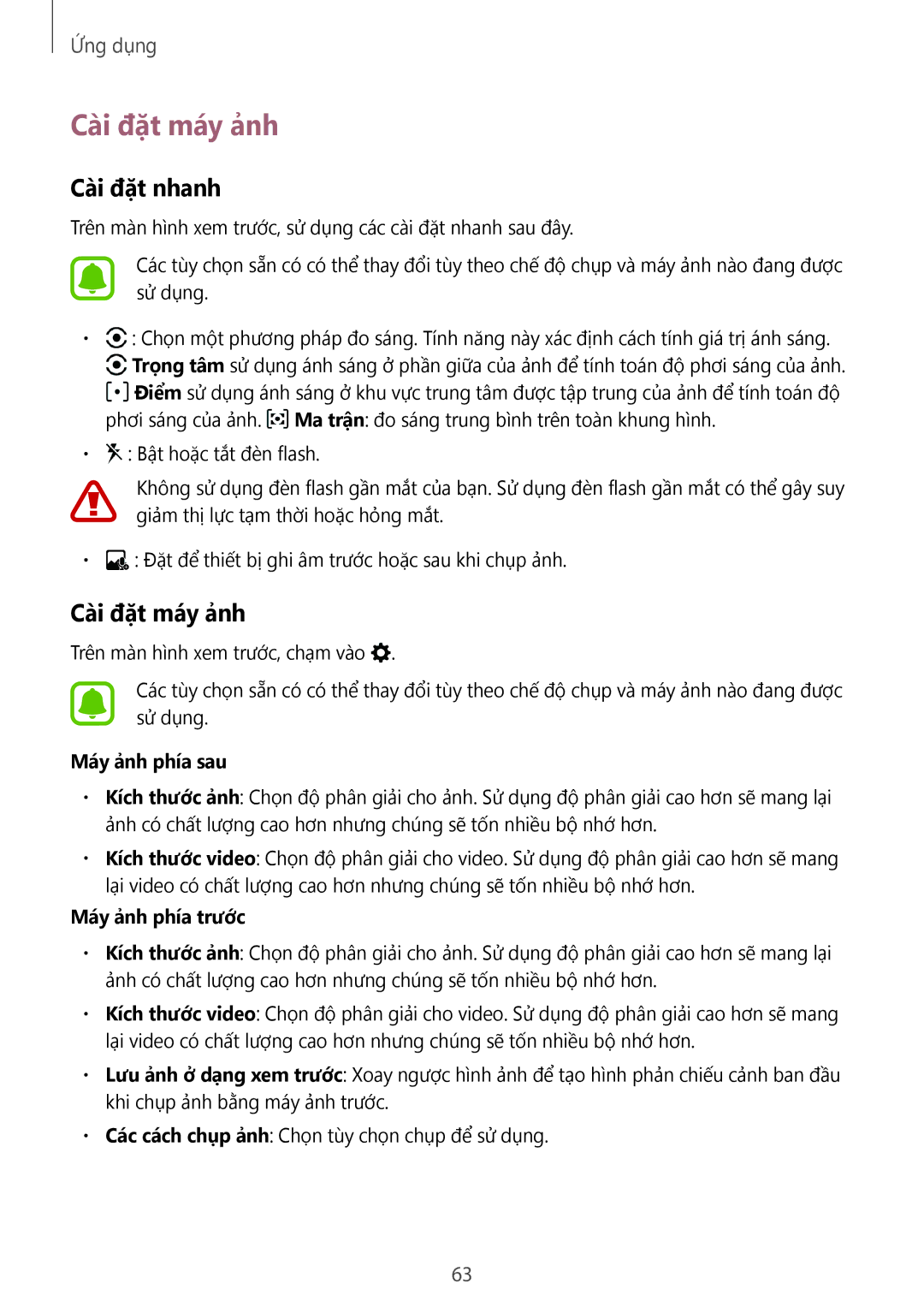 Samsung SM-G532GZIDXXV, SM-G532GZDDXXV manual Cài đặt máy ảnh, Cài đặt nhanh, Máy ảnh phía sau, Máy ảnh phía trước 