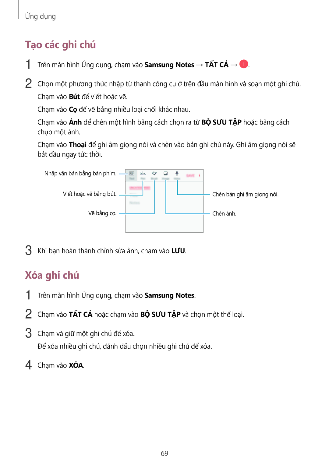 Samsung SM-G532GZIDXXV, SM-G532GZDDXXV manual Tạo các ghi chú, Xóa ghi chú 