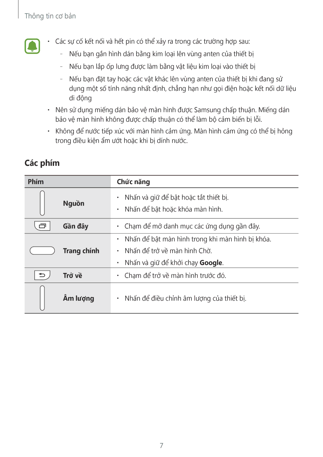 Samsung SM-G532GZIDXXV, SM-G532GZDDXXV manual Các phím 