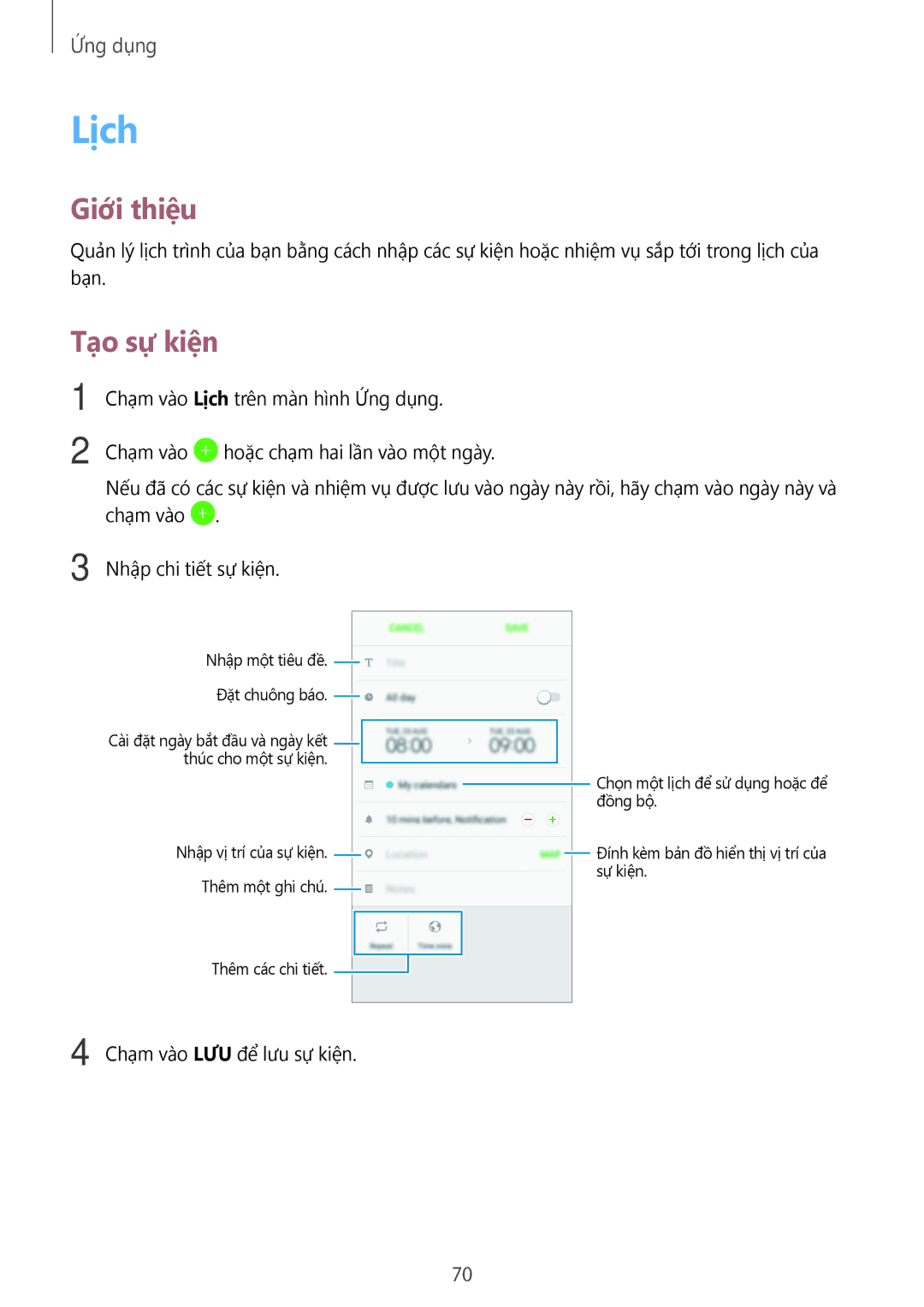 Samsung SM-G532GZDDXXV, SM-G532GZIDXXV manual Lịch, Tạo sự kiện 