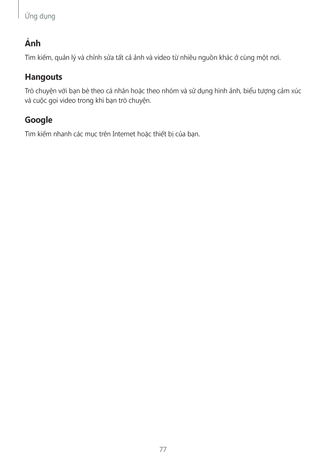 Samsung SM-G532GZIDXXV, SM-G532GZDDXXV manual Ảnh, Hangouts, Google 