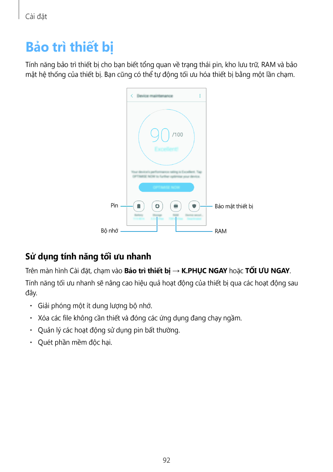 Samsung SM-G532GZDDXXV, SM-G532GZIDXXV manual Bảo trì thiết bị, Sử dụng tính năng tối ưu nhanh 