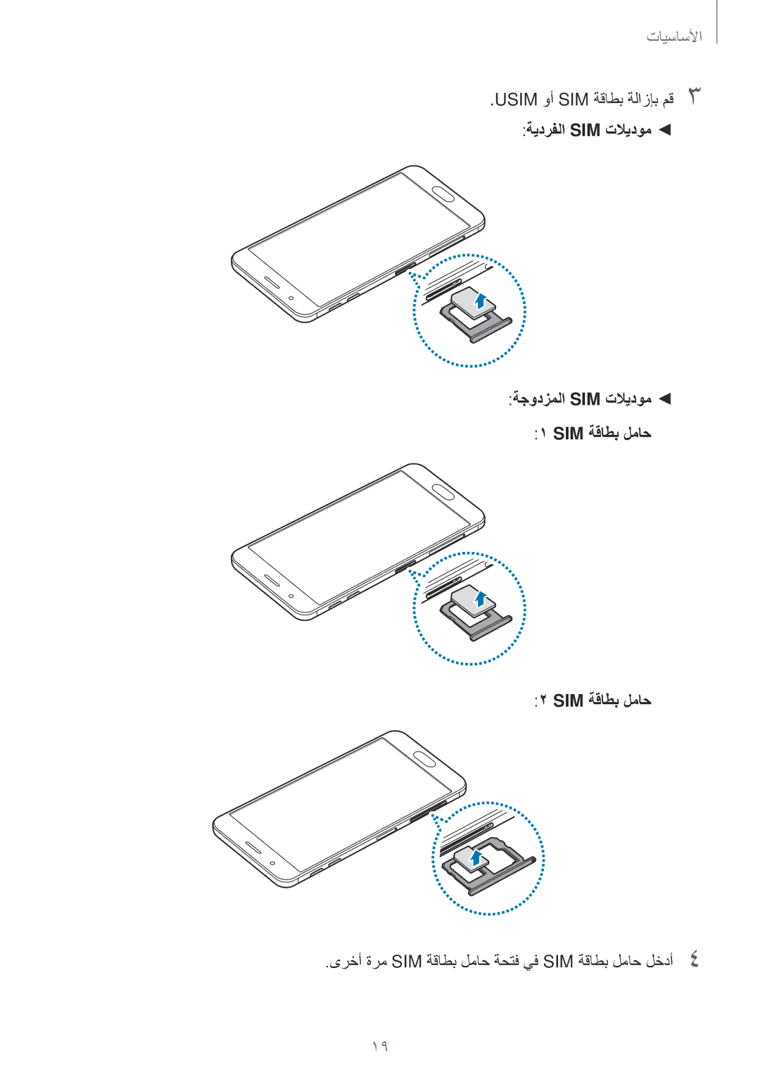 Samsung SM-G570FZKDKSA manual Usim وأ SIM ةقاطب ةلازإب مق3, ةيدرفلا Sim تلايدوم ةجودزملا Sim تلايدوم Sim ةقاطب لماح 