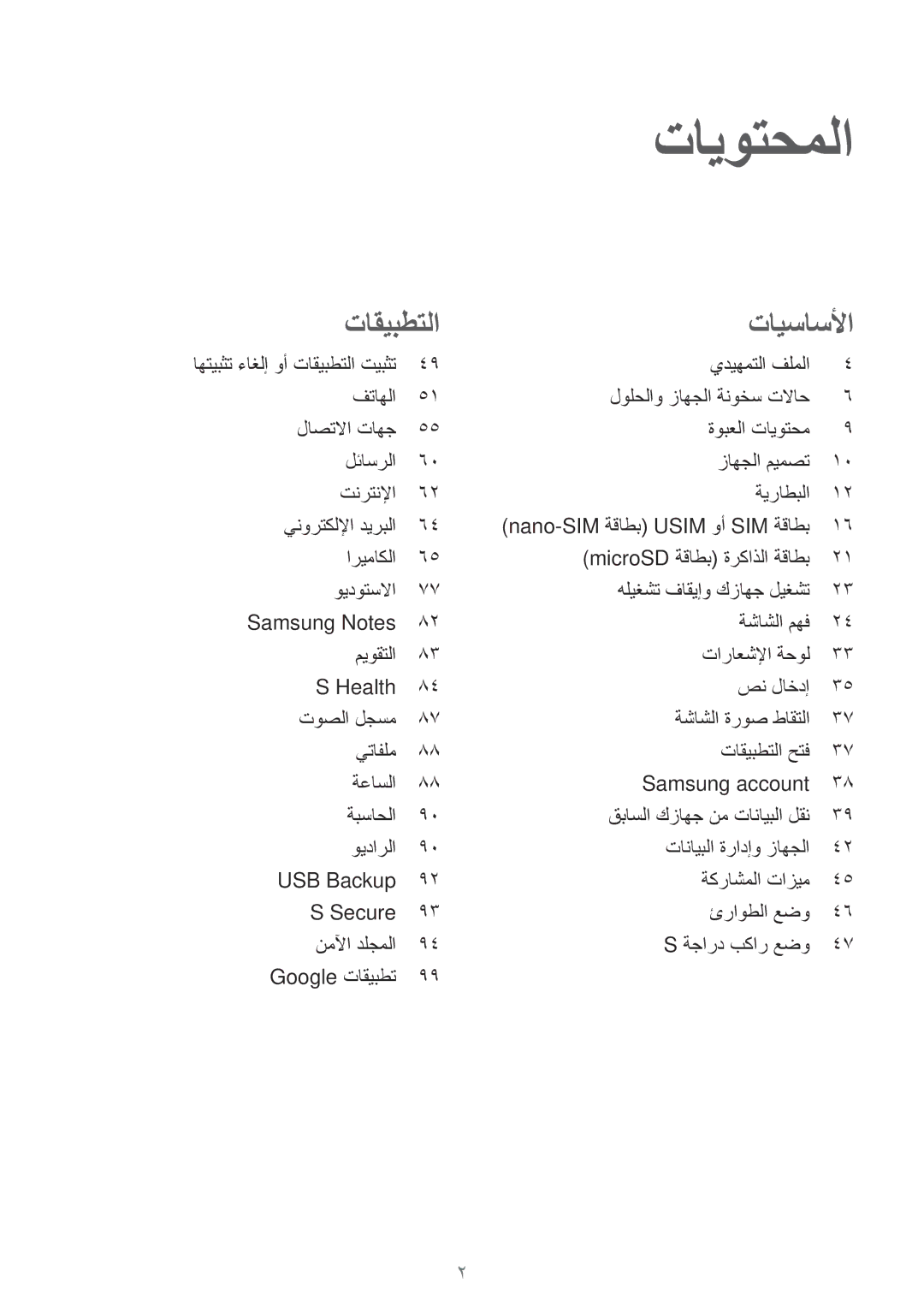 Samsung SM-G610FZKDKSA, SM-G570FZDDKSA, SM-G570FZKDKSA, SM-G610FZKGKSA manual تايوتحملا, Nano-SIM ةقاطب Usim وأ SIM ةقاطب 