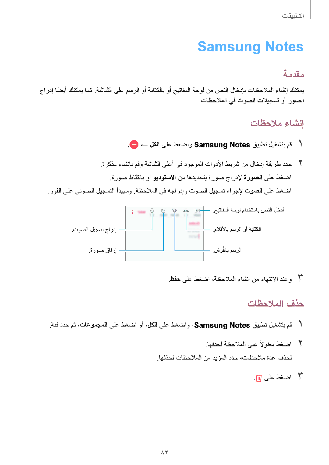 Samsung SM-G610FZDGKSA, SM-G570FZDDKSA Samsung Notes, تاظحلام ءاشنإ, تاظحلاملا فذح, تاظحلاملا يف توصلا تلايجست وأ روصلا 